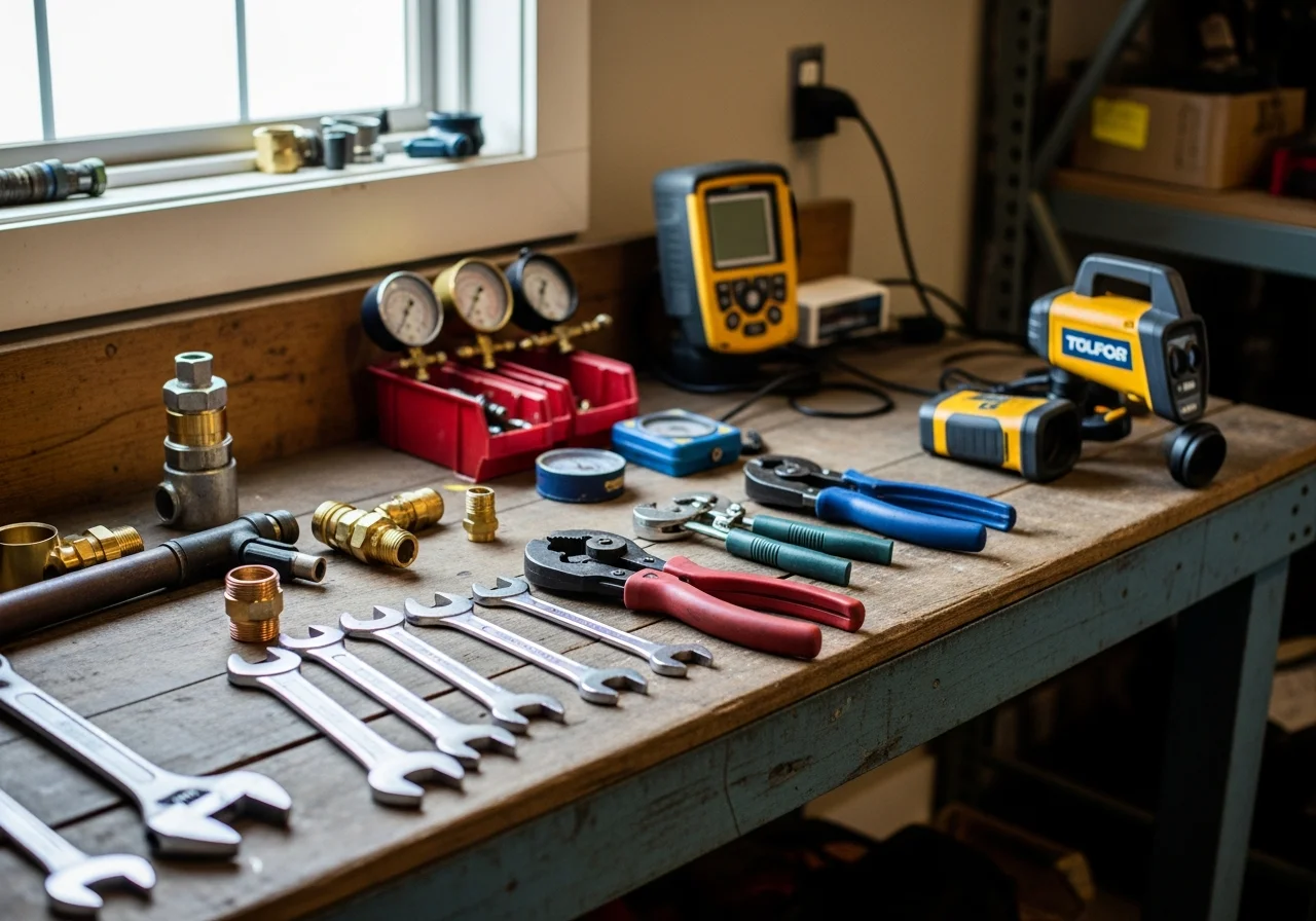 HVAC and trade services tools arranged on a workbench, representing the range of home services offered by the company.