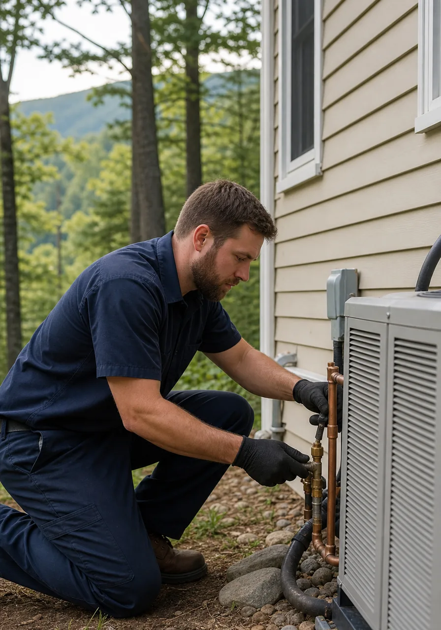 EZ HPS technician performing a home service call at a Greene County residential property in a wooded Catskill setting.