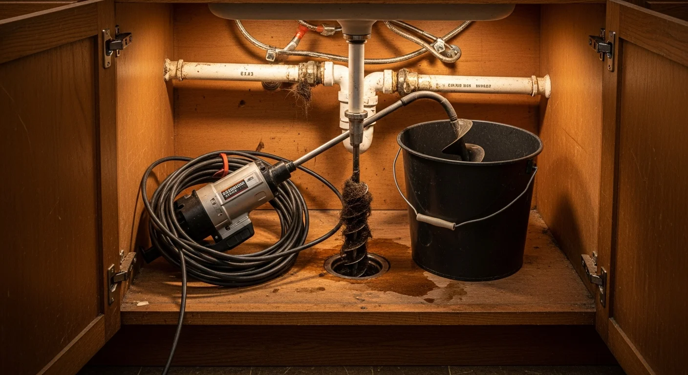 A plumber from Ez HPS clearing a clogged drain line inside an older Hudson Valley home. The technician uses professional drain cleaning equipment to remove a blockage from a kitchen sink drain.