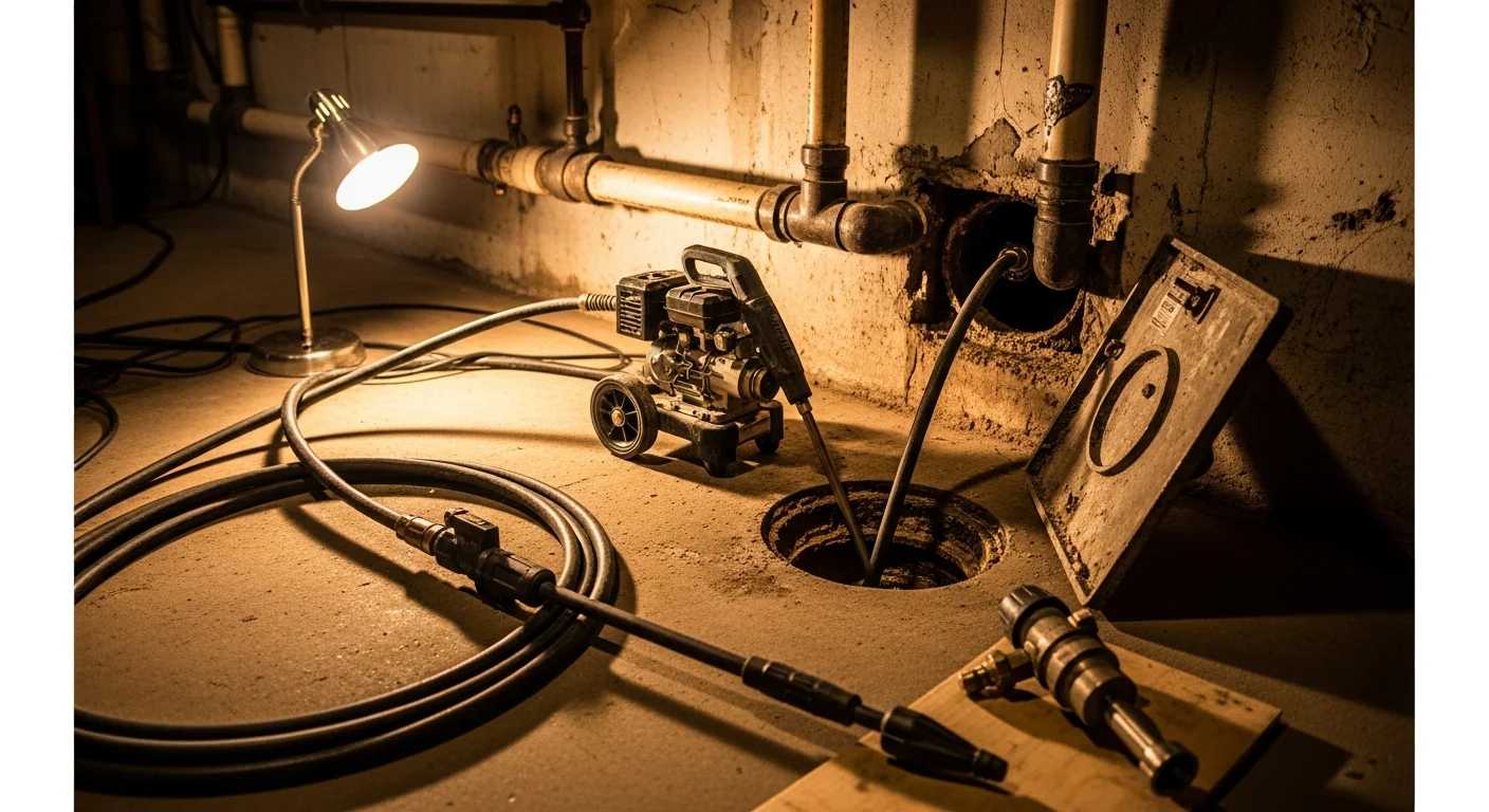 A plumber operating a drain jetting hose inserted into a cleanout access point at a residential property in Hudson Valley, NY. The image shows high-pressure water equipment connected to an exterior drain cleanout on an older single-family home.