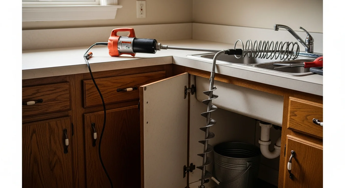 A plumber using a motorized drain snake to clear a blocked kitchen sink drain in an older Hudson Valley, NY home. The auger cable feeds into the drain opening beneath the sink cabinet.