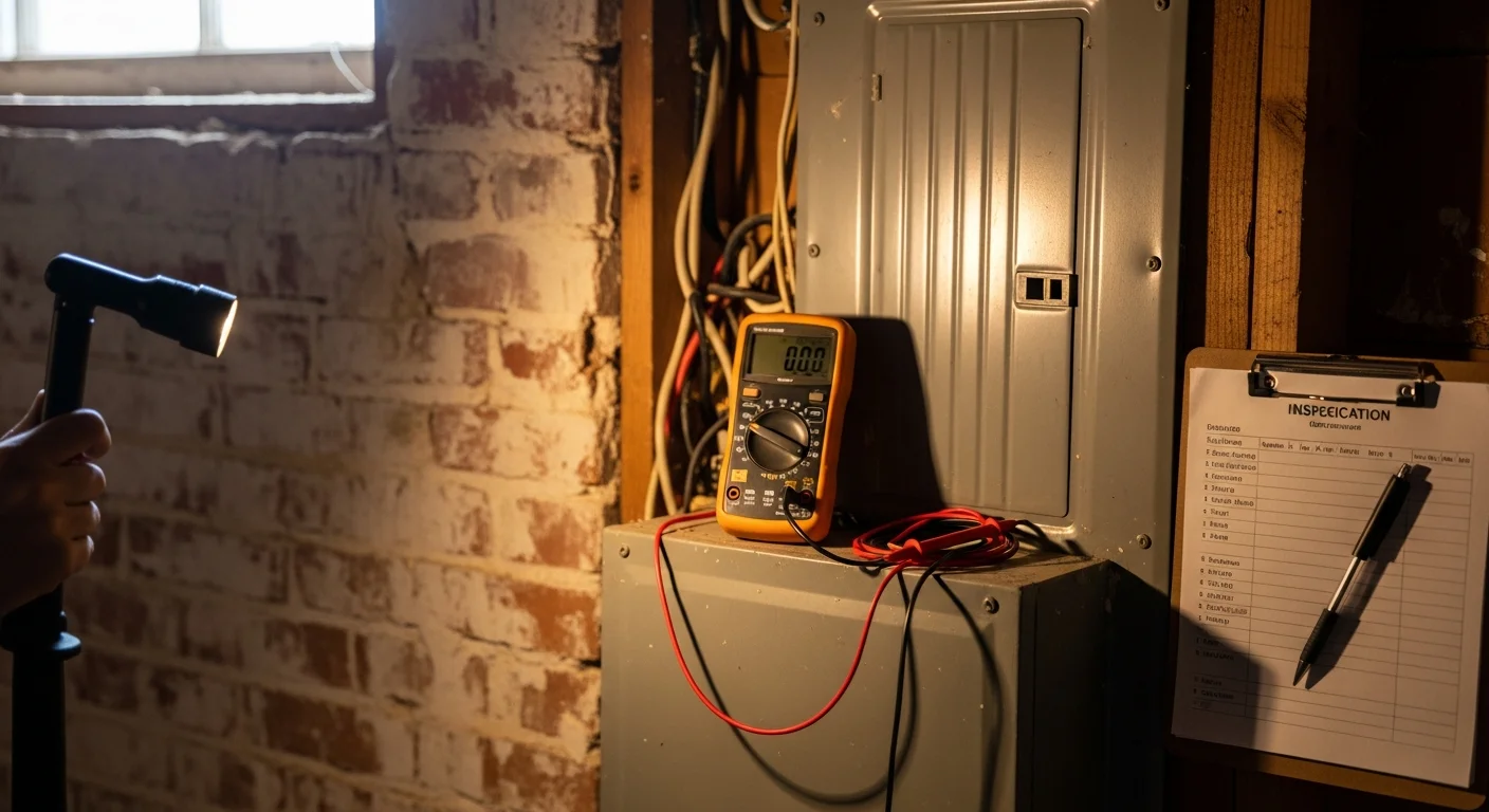 A home inspector reviewing an open electrical service panel inside an older Ulster County, NY home. The inspector examines breaker connections and wiring condition during a residential electrical inspection.