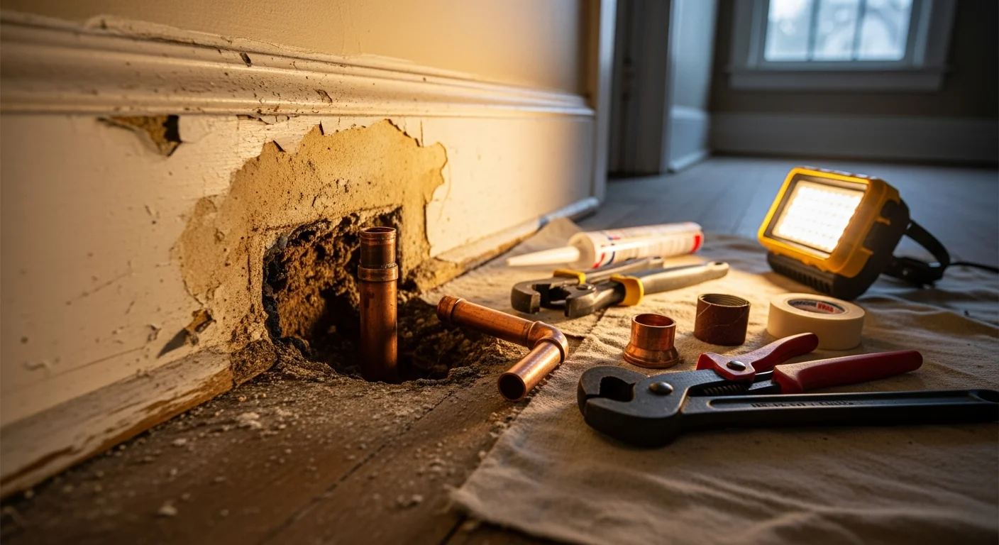 An Ez HPS plumber responding to an emergency plumbing call at a residential property in Hudson Valley, NY. The technician works to repair a burst pipe under a kitchen sink during an after-hours service call.