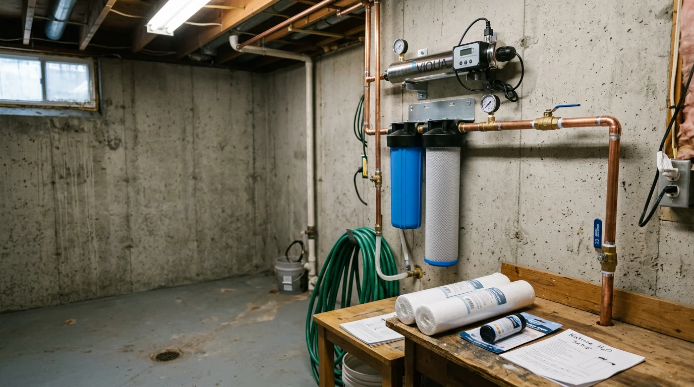 A whole-house water filtration and purification system installed in the utility area of an Ulster County home, connected to a private well supply line. The setup includes a sediment pre-filter, treatment tank, and UV purification unit mounted along an interior wall.
