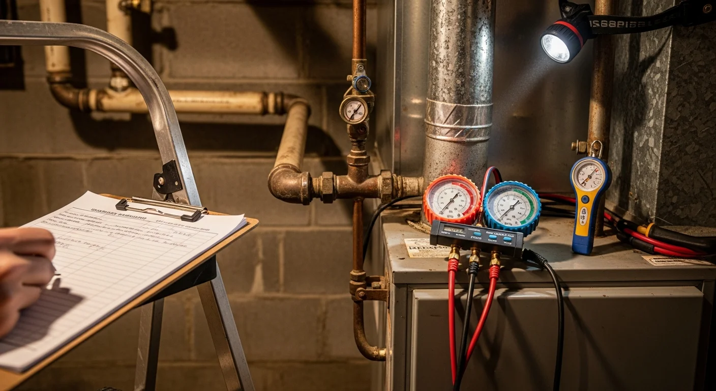 An Ez HPS home inspector examining a residential furnace and ductwork in an older Ulster County, NY home. The inspector reviews mechanical components and takes notes during an HVAC inspection.