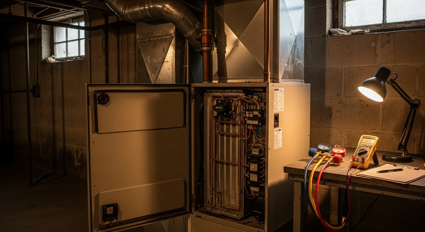 An Ez HPS HVAC technician diagnosing and repairing a residential heating and cooling system at a Hudson Valley, NY home.