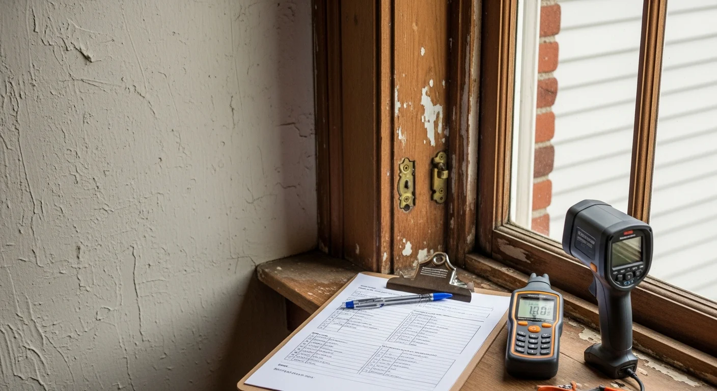 An Ez HPS inspector examining the exterior foundation and siding of an older single-family home in Ulster County, NY. The inspector holds a clipboard and documents visible wear on the structure during a property assessment.
