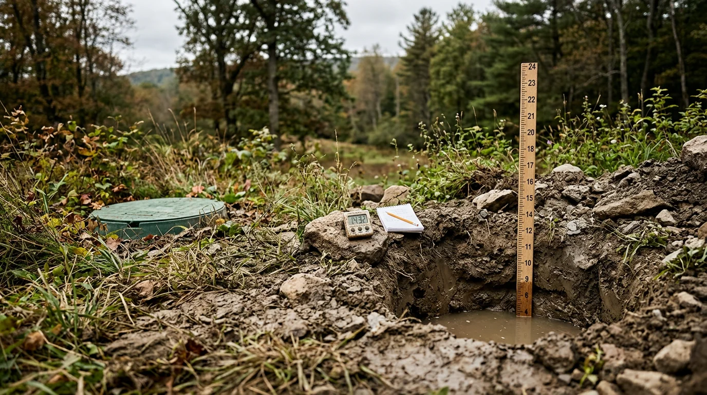 A septic system drain field being evaluated on a rural Ulster County property, with a technician recording soil percolation test results in a dug test hole surrounded by open land.
