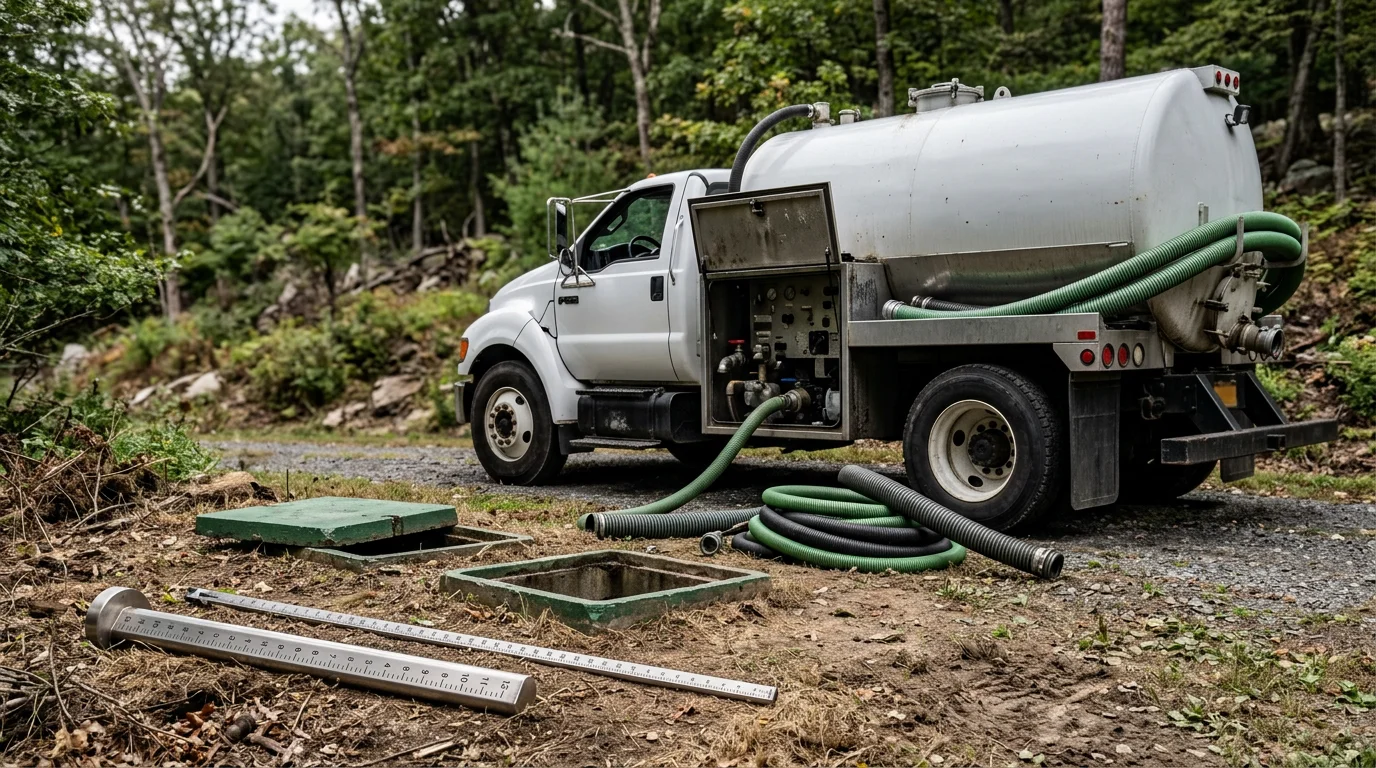 A septic service technician operating a vacuum pump truck in a residential yard in Ulster County, NY. The tank access lid is open and the hose runs from the truck to the exposed septic tank in the ground.