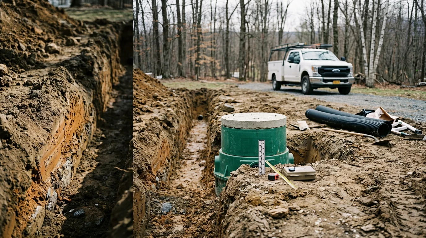 A freshly installed septic system with a concrete tank and connected drain field lines set in excavated Ulster County soil. A technician stands near the open site on a rural residential property surrounded by trees typical of the Hudson Valley region.