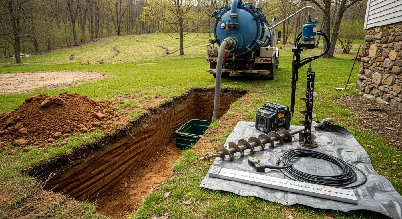 A septic service technician pumping a residential septic tank on a rural Hudson Valley, NY property. The service truck is parked near the tank access point in a grassy yard.