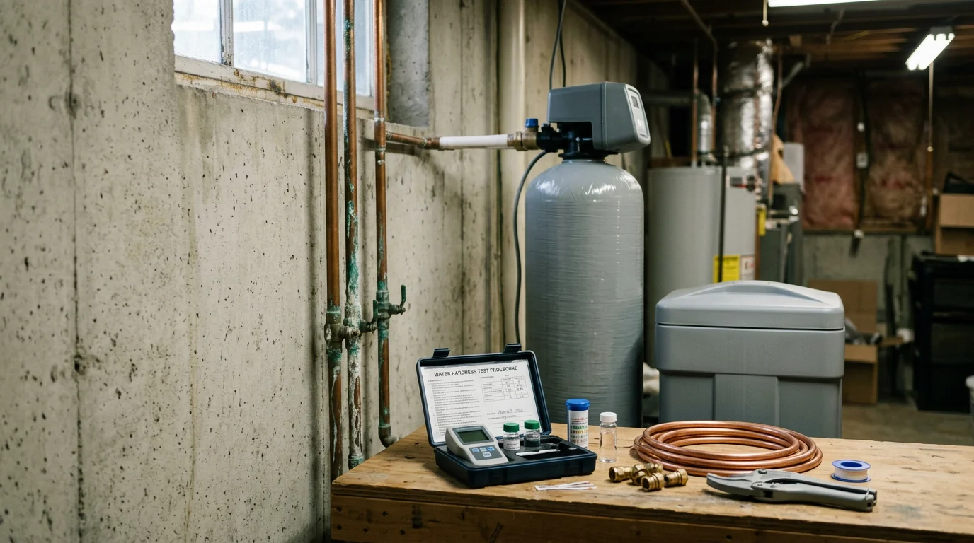 A newly installed water softener unit in the utility room of an Ulster County, NY home, with copper supply lines connected and a salt reservoir visible beside the tank. The setup shows a clean, professional installation typical of a single-family residence in the Hudson Valley region.