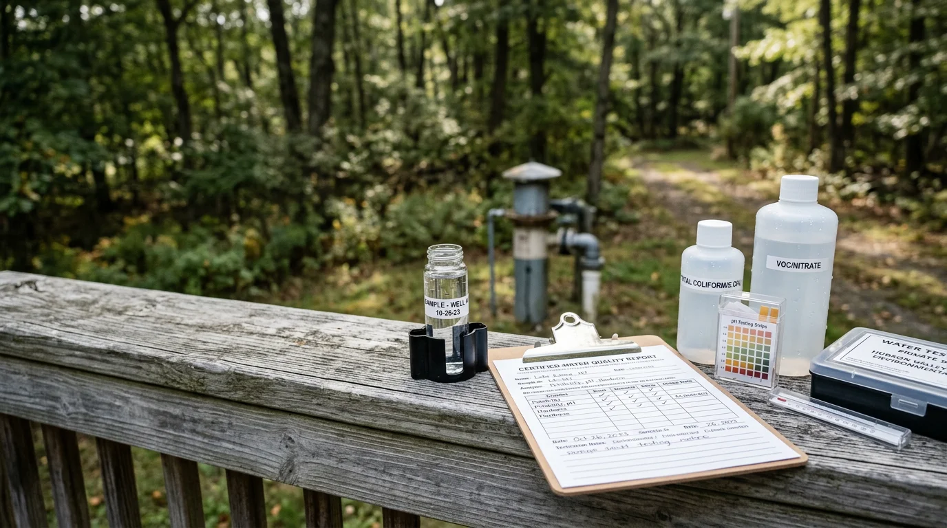 A water testing technician collecting a tap water sample from a kitchen faucet in an Ulster County home with a private well. Clear sample vials and a field testing kit are visible on the countertop.
